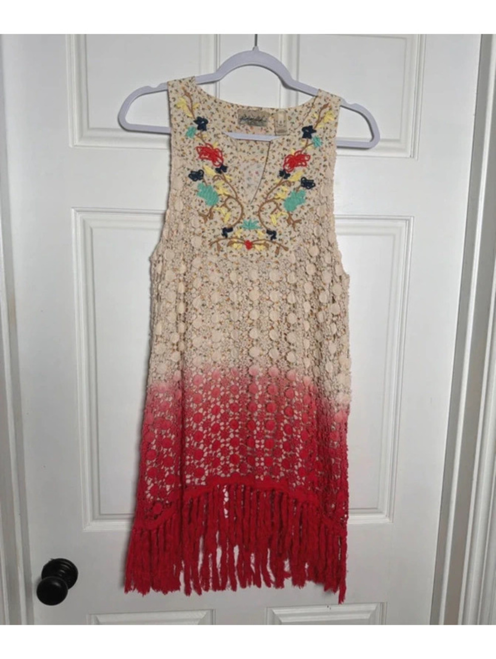 Crochet Boho Embroidered Floral Tassel Dress Small